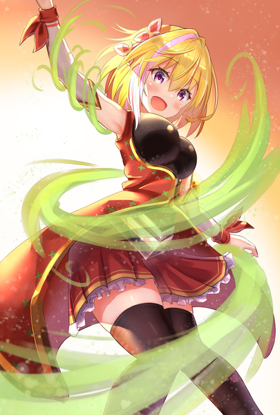 Anime picture 2700x4000 with original mixster single tall image blush fringe highres short hair open mouth blonde hair hair between eyes purple eyes :d multicolored hair streaked hair magic looking down spread arms girl thighhighs