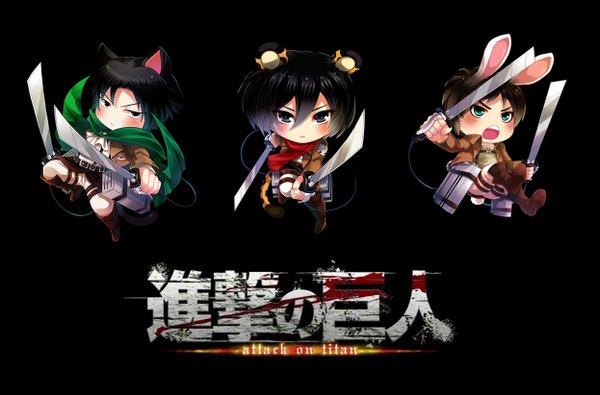 Anime picture 1246x822 with shingeki no kyojin production i.g mikasa ackerman eren yaeger levi (rivaille) kaskia blush short hair open mouth black hair simple background brown hair holding green eyes animal ears tail animal tail black eyes cat ears inscription