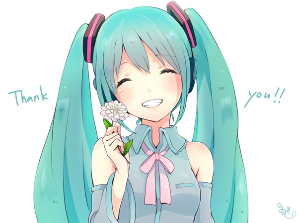 Anime picture 1600x1200 with vocaloid hatsune miku witoi (roa) single long hair fringe simple background smile white background twintails signed eyes closed aqua eyes aqua hair grin ^ ^ 39 thank you girl flower (flowers)