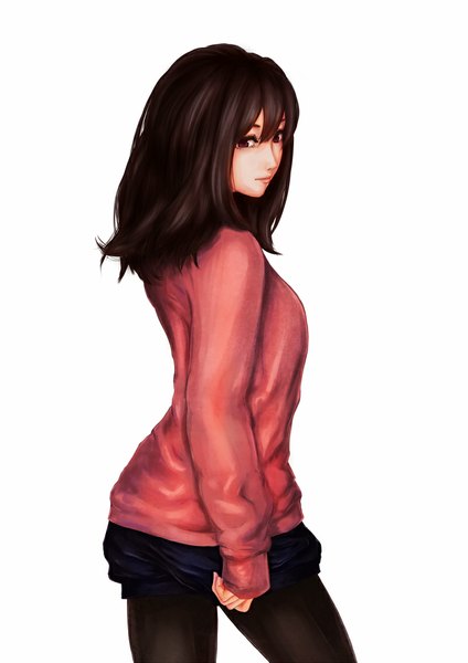 Anime picture 800x1131 with original nakacha single tall image fringe breasts black hair simple background standing white background brown eyes lips turning head girl pantyhose shorts