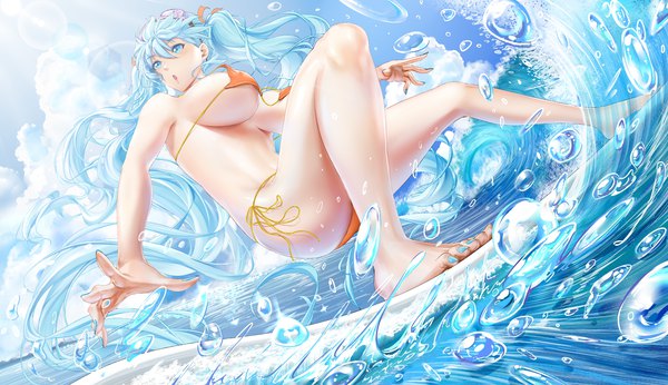 Anime picture 2150x1242 with vocaloid hatsune miku de mo ne single blush fringe highres breasts open mouth blue eyes light erotic hair between eyes wide image large breasts twintails blue hair looking away sky cloud (clouds) full body