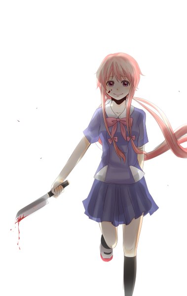 Anime picture 1600x2528 with mirai nikki gasai yuno single long hair tall image blue eyes pink hair light smile girl uniform school uniform blood knife