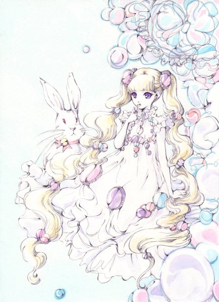 Anime picture 1500x2072 with original charmal (pixiv) tall image blonde hair white background purple eyes twintails very long hair girl dress jewelry bunny