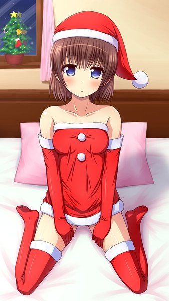 Anime picture 1080x1920 with original kk-sk-ray single tall image blush short hair blue eyes brown hair sitting bare shoulders christmas girl thighhighs gloves elbow gloves santa claus hat santa claus costume