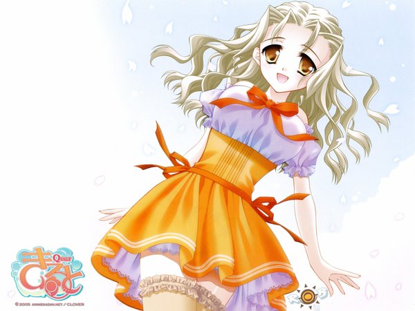 Anime picture 1600x1200 with quilt (game) kanami carnelian single long hair looking at viewer breasts open mouth smile large breasts brown eyes short sleeves dutch angle puffy sleeves copyright name gradient background wavy hair girl thighhighs dress
