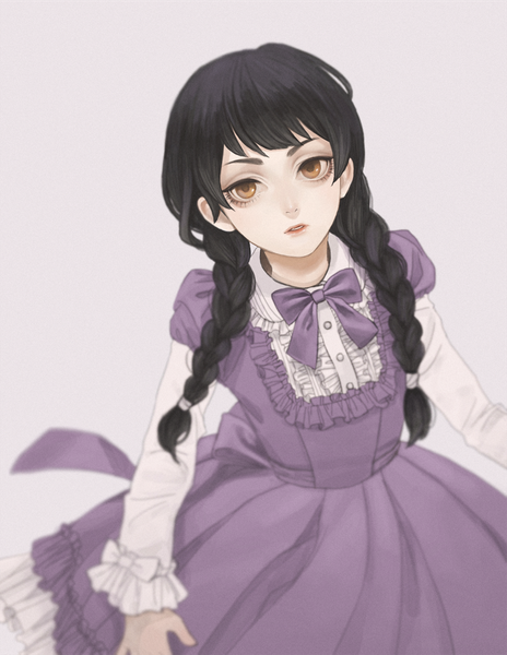 Anime picture 808x1044 with original fioletovyy single long hair tall image looking at viewer fringe black hair simple background brown eyes braid (braids) parted lips blurry grey background twin braids girl dress bowtie purple dress