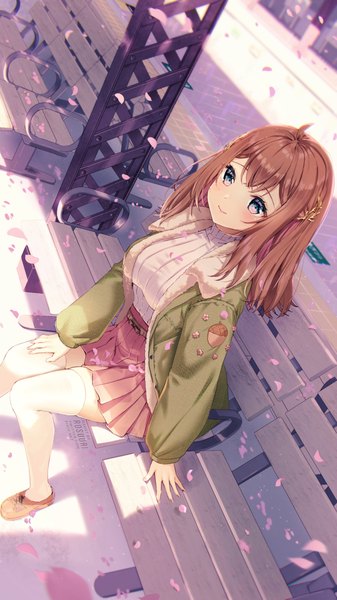 Anime picture 1000x1778 with original rosuuri single long hair tall image looking at viewer blush fringe blue eyes smile brown hair sitting signed ahoge outdoors long sleeves pleated skirt from above open jacket dutch angle