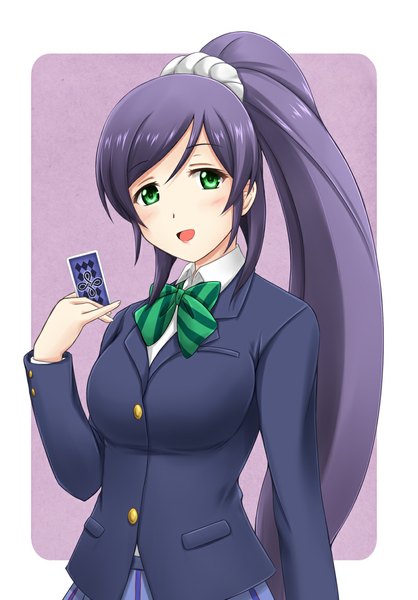 Anime picture 800x1148 with love live! school idol project sunrise (studio) love live! toujou nozomi fuuma nagi single long hair tall image looking at viewer blush open mouth green eyes purple hair ponytail girl uniform school uniform bowtie card (cards)