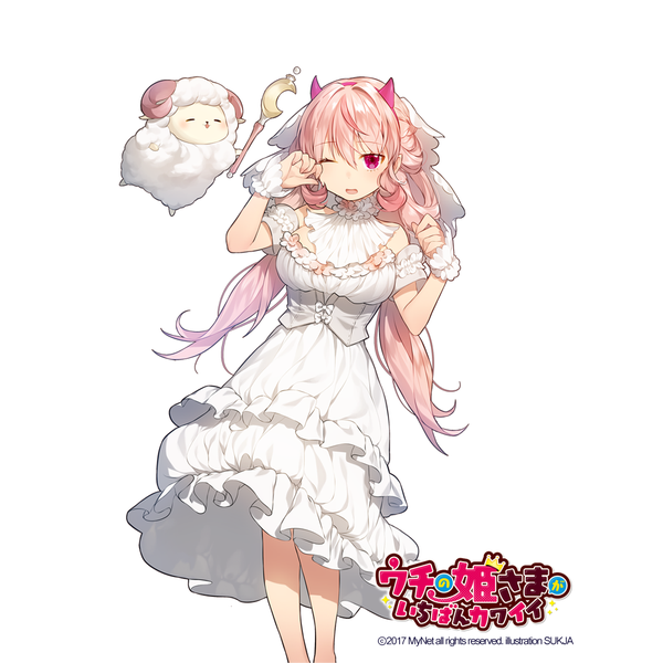 Anime picture 1000x1000 with uchi no hime-sama ga ichiban kawaii sorolp single long hair fringe simple background hair between eyes standing white background twintails signed pink hair one eye closed pink eyes horn (horns) official art copyright name low twintails dated girl