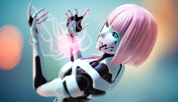 Anime picture 2920x1680 with original ristarr single looking at viewer fringe highres short hair wide image green eyes pink hair looking back light smile mechanical 3d girl heart robot
