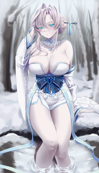 Anime picture 2000x3500 with last origin teddyellow single tall image looking at viewer blush fringe highres short hair breasts blue eyes light erotic hair between eyes large breasts sitting signed cleavage silver hair outdoors braid (braids)