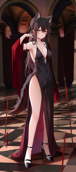Anime picture 4000x9000 with arknights texas (arknights) ru zhai single long hair tall image looking at viewer blush fringe highres breasts light erotic black hair hair between eyes large breasts standing animal ears yellow eyes absurdres cleavage