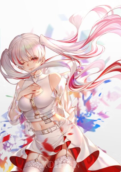 Anime picture 2480x3508 with original koi han single long hair tall image looking at viewer fringe highres breasts light erotic simple background hair between eyes red eyes large breasts standing twintails bare shoulders signed cleavage silver hair