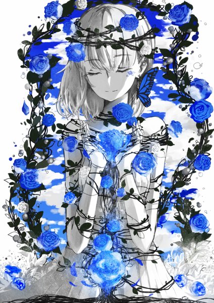 Anime picture 706x1000 with original toku single tall image fringe short hair hair between eyes sky cloud (clouds) upper body eyes closed light smile tattoo adjusting hair bondage bound hands girl dress flower (flowers) white dress
