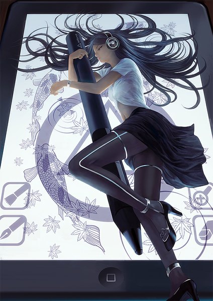 Anime picture 707x1000 with original shinjiro nobayashi single long hair tall image black hair bent knee (knees) lying open clothes bare belly high heels open shirt on side girl skirt navel shirt shoes lingerie bra