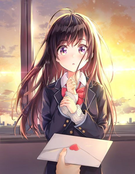 Anime picture 2355x3039 with original dana (hapong07) long hair tall image looking at viewer blush fringe highres open mouth brown hair standing purple eyes holding sky cloud (clouds) ahoge indoors long sleeves :o evening