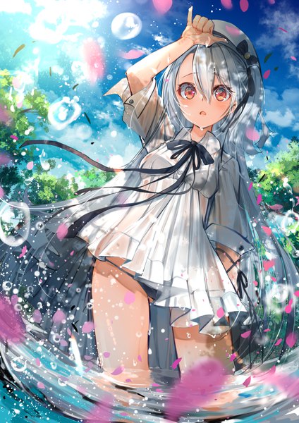 Anime picture 868x1228 with original moe2020 umino mizu single tall image fringe open mouth light erotic hair between eyes red eyes standing sky silver hair very long hair arm up wet partially submerged girl underwear panties