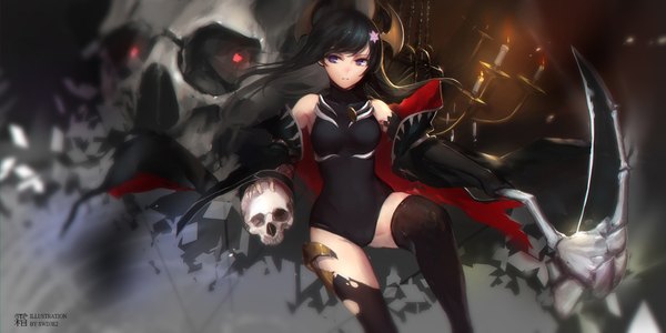 Anime picture 1890x945 with swd3e2 single long hair looking at viewer highres breasts black hair wide image purple eyes bare shoulders holding signed looking away bent knee (knees) hair flower wide sleeves death girl thighhighs gloves