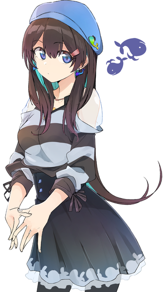 Anime picture 1963x3508 with original kazenoko single long hair tall image looking at viewer fringe highres blue eyes simple background hair between eyes brown hair standing white background multicolored hair two-tone hair striped colored inner hair fingers together girl