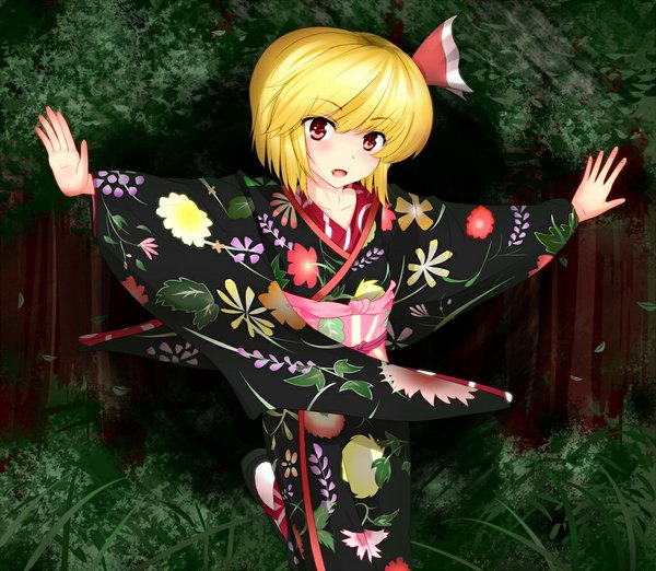 Anime picture 1024x891 with touhou rumia tokiato (artist) single blush short hair open mouth blonde hair red eyes japanese clothes spread arms girl tree (trees) forest yukata