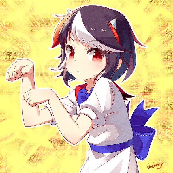 Anime picture 1147x1147 with touhou kijin seija blueberry (5959) single blush short hair black hair red eyes signed looking away multicolored hair horn (horns) streaked hair yellow background oni horns cute :< girl dress