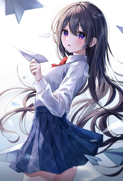 Anime picture 2712x4000 with original myowa single long hair tall image looking at viewer blush fringe highres open mouth black hair simple background hair between eyes standing purple eyes holding long sleeves plaid skirt girl skirt
