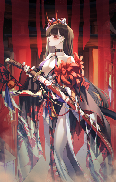 Anime picture 1050x1650 with original neon (pixiv 31150749) single long hair tall image looking at viewer fringe breasts open mouth light erotic black hair red eyes large breasts standing bare shoulders holding nail polish traditional clothes japanese clothes fingernails