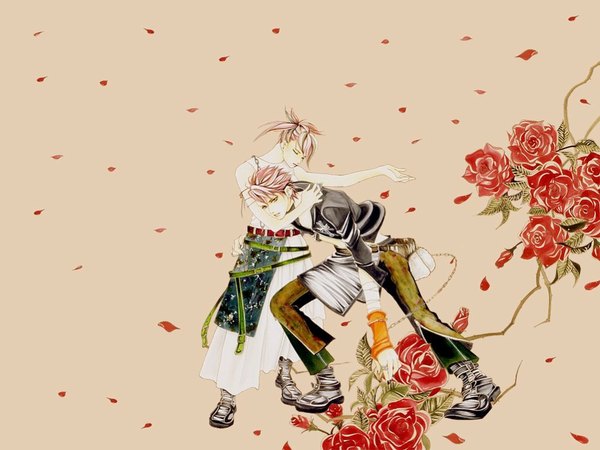 Anime picture 1024x768 with akuma de sourou (manga) takeru edogawa kayano saitou short hair yellow eyes pink hair eyes closed nail polish boy flower (flowers) petals boots rose (roses) chain