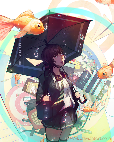 Anime picture 900x1125 with guweiz single tall image fringe short hair black hair green eyes parted lips girl skirt uniform school uniform animal shirt necktie white shirt headphones umbrella bubble (bubbles) fish (fishes)