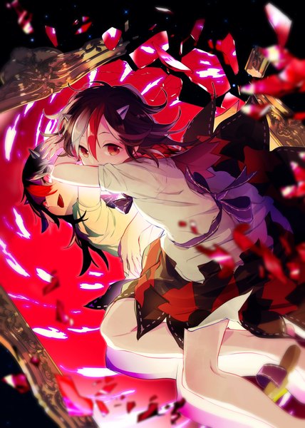 Anime picture 1500x2104 with touhou kijin seija akka single tall image fringe short hair black hair hair between eyes red eyes bent knee (knees) lying multicolored hair horn (horns) from above streaked hair legs reflection on stomach oni horns