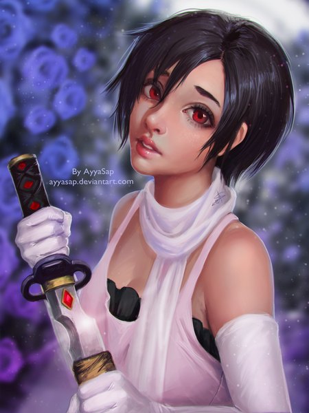 Anime picture 1536x2048 with blood+ production i.g otonashi saya ayyasap single tall image looking at viewer short hair black hair red eyes lips realistic girl dress gloves weapon elbow gloves scarf dagger