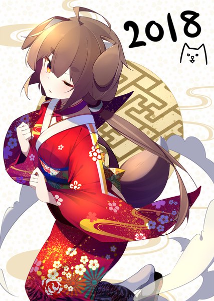 Anime picture 855x1200 with original benio (dontsugel) single long hair tall image looking at viewer brown hair brown eyes animal ears ahoge tail traditional clothes japanese clothes animal tail one eye closed from above low ponytail eyebrows new year dog ears