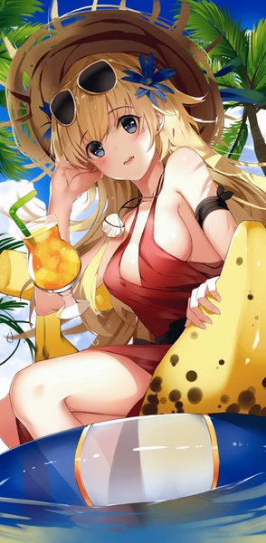 Anime picture 1554x3168 with fate (series) fate/grand order jeanne d'arc (fate) (all) jeanne d'arc (fate) niii (memstapak) single long hair tall image looking at viewer blush fringe breasts open mouth blue eyes light erotic blonde hair sitting sky cloud (clouds) outdoors