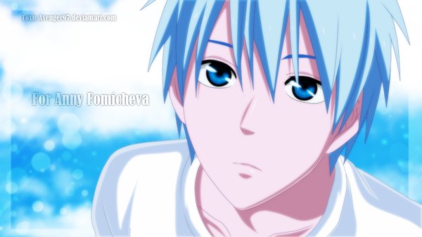Anime picture 1000x562 with kuroko no basket production i.g kuroko tetsuya toxicavenger97 single looking at viewer short hair blue eyes wide image blue hair inscription coloring boy