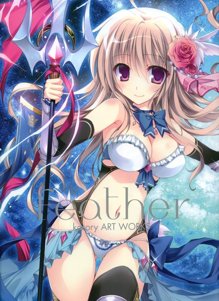 Anime-Bild 2550x3509 mit karory single long hair tall image looking at viewer blush highres breasts light erotic blonde hair smile purple eyes hair flower girl thighhighs navel hair ornament flower (flowers) weapon black thighhighs