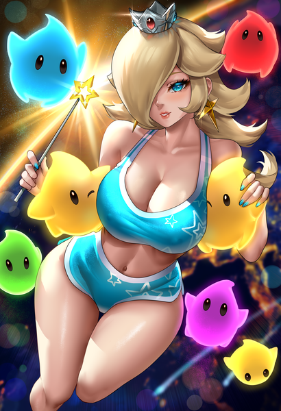 Anime picture 2400x3508 with super mario bros. rosetta (mario) chiko (mario) enmanuelart20 single long hair tall image looking at viewer fringe highres breasts blue eyes light erotic blonde hair large breasts bare shoulders holding cleavage nail polish parted lips