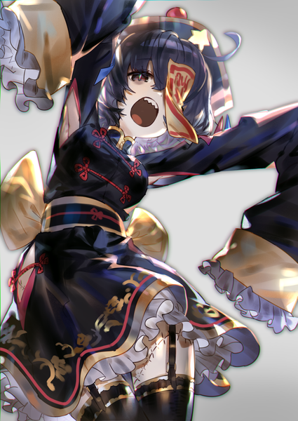 Anime picture 1003x1416 with touhou miyako yoshika uu uu zan single tall image looking at viewer short hair open mouth simple background blue hair ahoge traditional clothes black eyes grey background teeth armpit (armpits) chinese clothes covering eye (eyes) jiangshi zombie pose