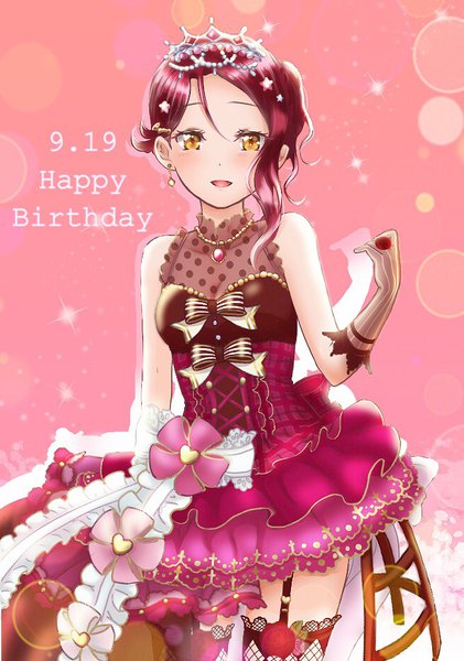 Anime picture 657x936 with love live! sunshine!! sunrise (studio) love live! sakurauchi riko shiori (dg7sdr) wal---dg7sdr-0128 single long hair tall image looking at viewer blush open mouth standing bare shoulders yellow eyes red hair light smile pink background happy birthday girl