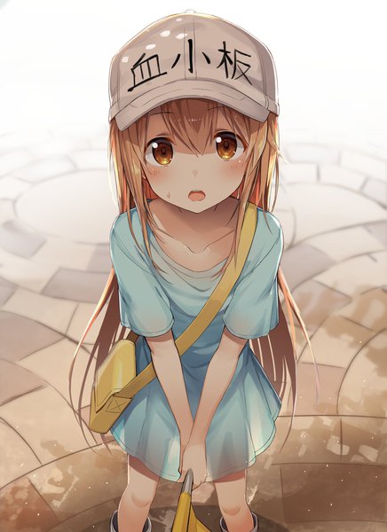 Anime picture 1592x2188 with hataraku saibou david production platelet (hataraku saibou) greatmosu single long hair tall image looking at viewer blush fringe open mouth brown hair standing holding brown eyes outdoors from above shadow short sleeves loli