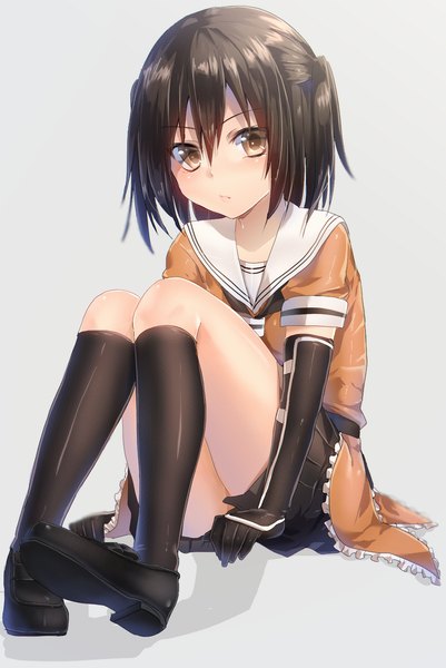 Anime picture 700x1046 with kantai collection sendai light cruiser keita (tundereyuina) single tall image looking at viewer short hair black hair sitting brown eyes two side up girl skirt gloves socks elbow gloves black socks sailor suit