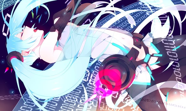 Anime picture 2000x1200 with vocaloid vocaloid append hatsune miku hatsune miku (append) hisame single highres open mouth wide image twintails bare shoulders eyes closed very long hair profile aqua hair girl thighhighs gloves navel black thighhighs