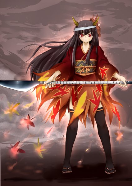 Anime picture 1200x1694 with utau onico tadano magu single long hair tall image black hair red eyes horn (horns) mask on head girl thighhighs weapon black thighhighs belt leaf (leaves) mask
