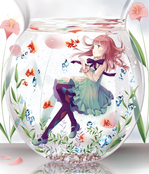 Anime picture 1029x1200 with original hitsukuya single long hair tall image open mouth blue eyes brown hair ahoge reflection underwater rhombus in container girl dress flower (flowers) petals pantyhose bubble (bubbles) fish (fishes)