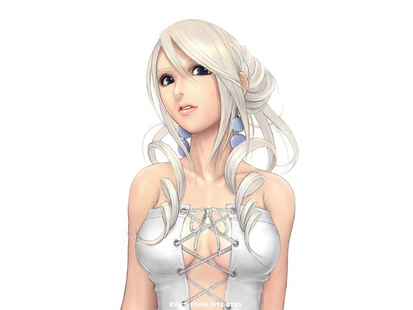 Anime picture 1024x768 with original ryu (ryu's former site) single long hair breasts blue eyes light erotic white background bare shoulders signed cleavage white hair black eyes inscription girl earrings corset