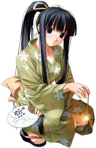 Anime picture 1220x1870 with hashimoto takashi single long hair tall image looking at viewer blush black hair simple background white background ponytail japanese clothes black eyes squat girl ribbon (ribbons) hair ribbon fan yukata bengal light