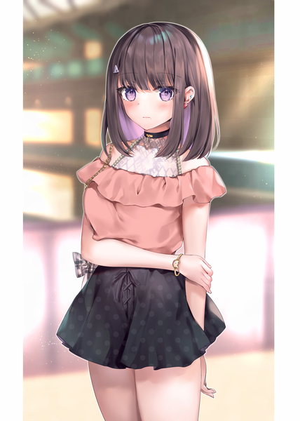 Anime picture 2502x3508 with original hane yuki single tall image blush highres short hair brown hair standing purple eyes bare shoulders multicolored hair two-tone hair piercing ear piercing colored inner hair polka dot holding arm pillarboxed girl