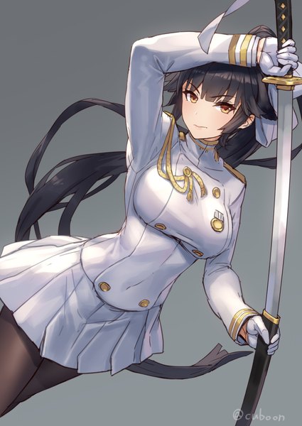 Anime picture 752x1062 with azur lane takao (azur lane) mismi single tall image fringe black hair simple background holding brown eyes signed ponytail very long hair pleated skirt arm up grey background dutch angle twitter username military unsheathing