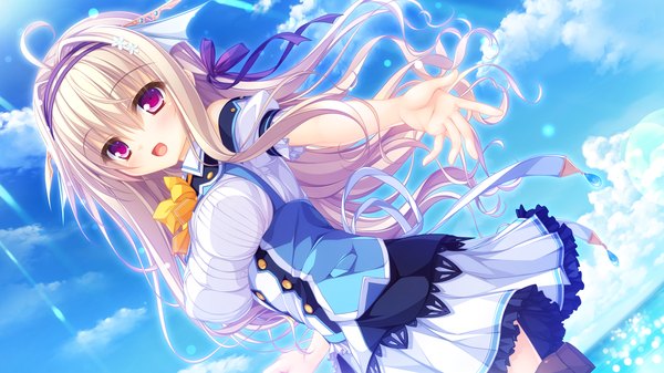 Anime picture 1920x1080 with kujiragami no tearstilla tenkawa mitsuki mikagami mamizu single long hair looking at viewer highres wide image purple eyes game cg sky cloud (clouds) white hair outstretched arm girl dress hair ornament hairband