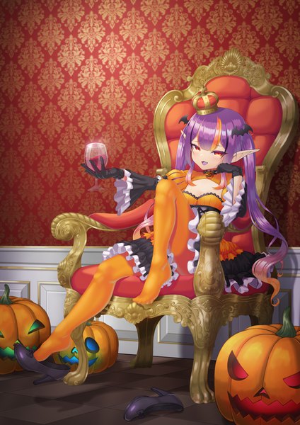 Anime picture 2893x4092 with original kido airaku single long hair tall image looking at viewer highres open mouth red eyes sitting twintails purple hair bent knee (knees) multicolored hair pointy ears wide sleeves arm support streaked hair flat chest halloween