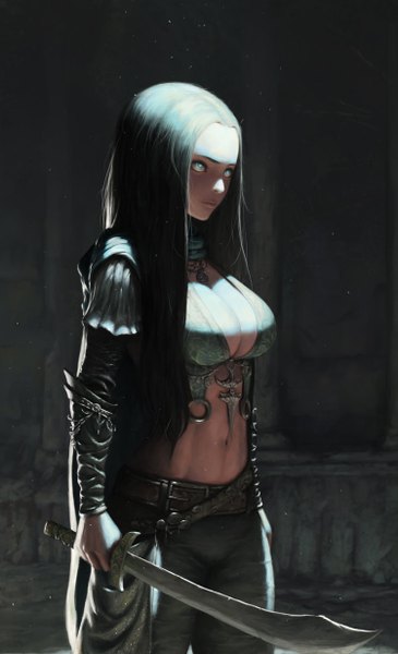 Anime picture 750x1232 with original syar single long hair tall image breasts blue eyes light erotic black hair large breasts standing holding cleavage indoors lips blurry realistic bare belly midriff light